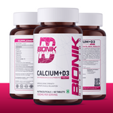 BIONIK NUTRITION Calcium D3 tablets with Vitamin K2 and probiotics, showing the supplement bottles and tablets.