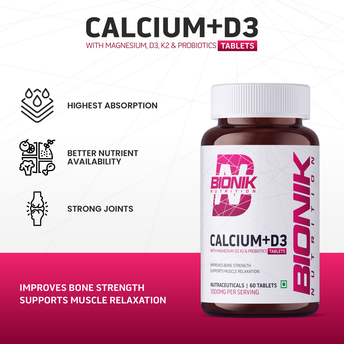 BIONIK NUTRITION Calcium + D3 tablets with Vitamin K2 and probiotics, showing the bottle and tablets inside.