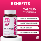 BIONIK NUTRITION Calcium + D3 Tablets with Vitamin K2 and probiotics in a white bottle, showing tablets inside.