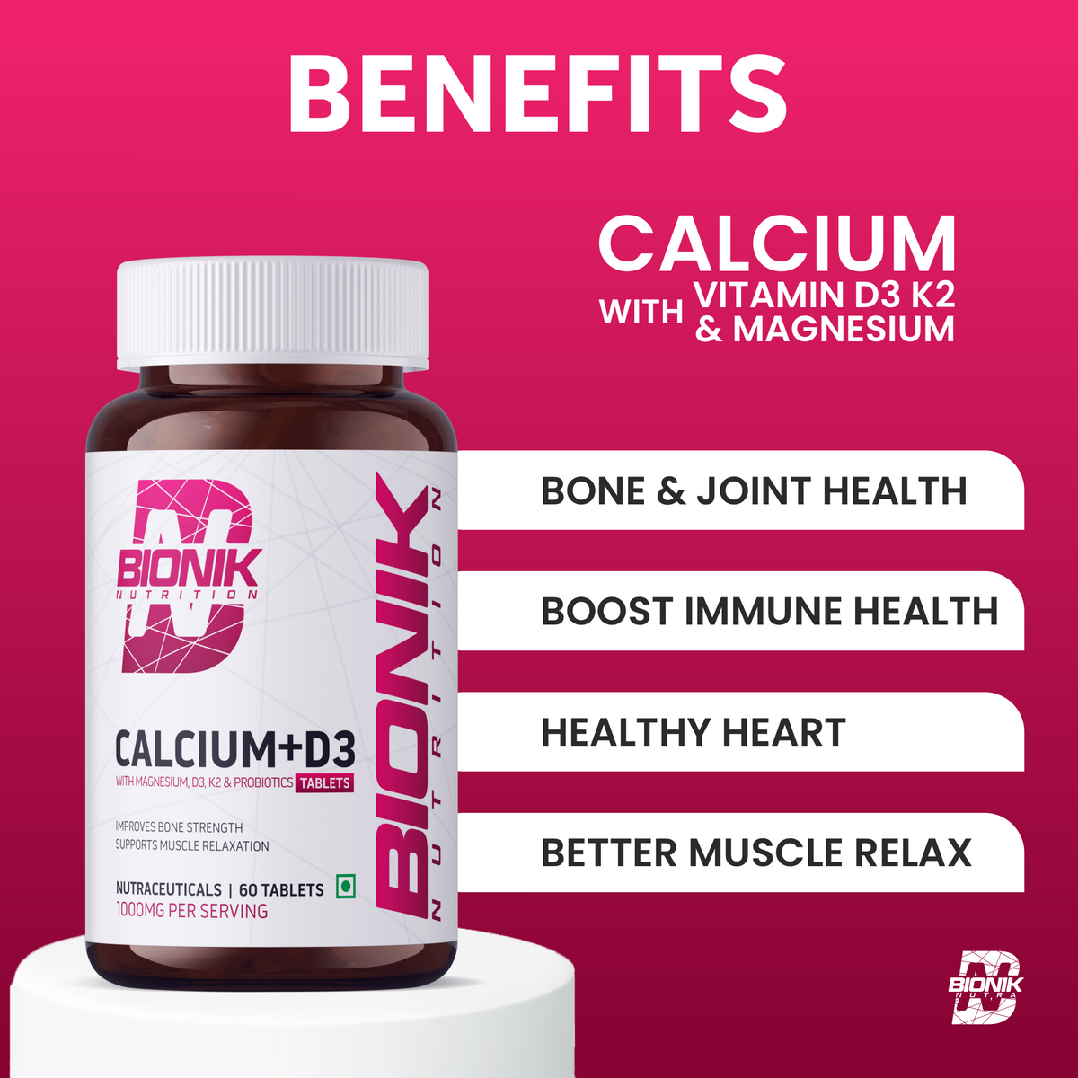 BIONIK NUTRITION Calcium + D3 Tablets with Vitamin K2 and probiotics in a white bottle, showing tablets inside.