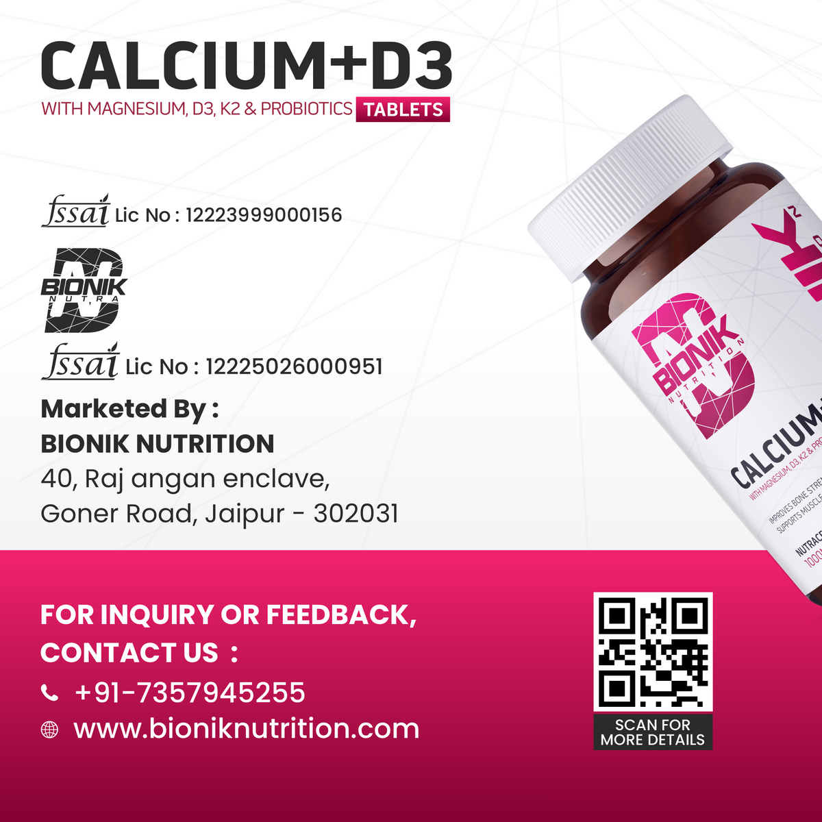 BIONIK NUTRITION Calcium + D3 tablets with Vitamin K2 and probiotics, showing the supplement bottle and tablets.