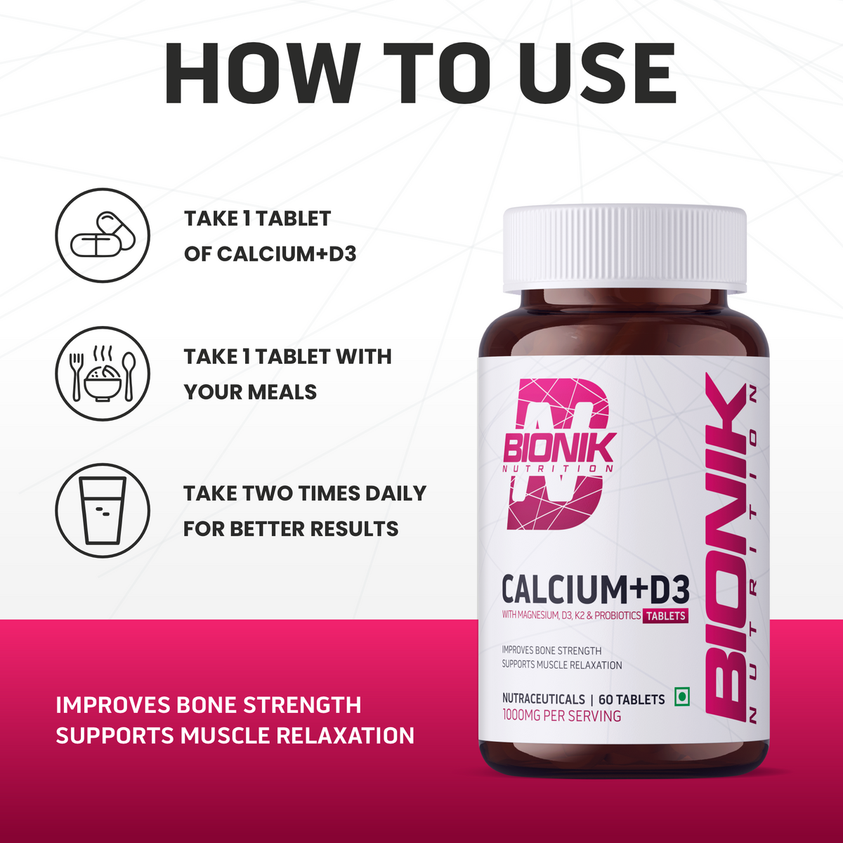 BIONIK NUTRITION Calcium + D3 tablets with Vitamin K2 and probiotics in a bottle, supplement for bone health and digestion.
