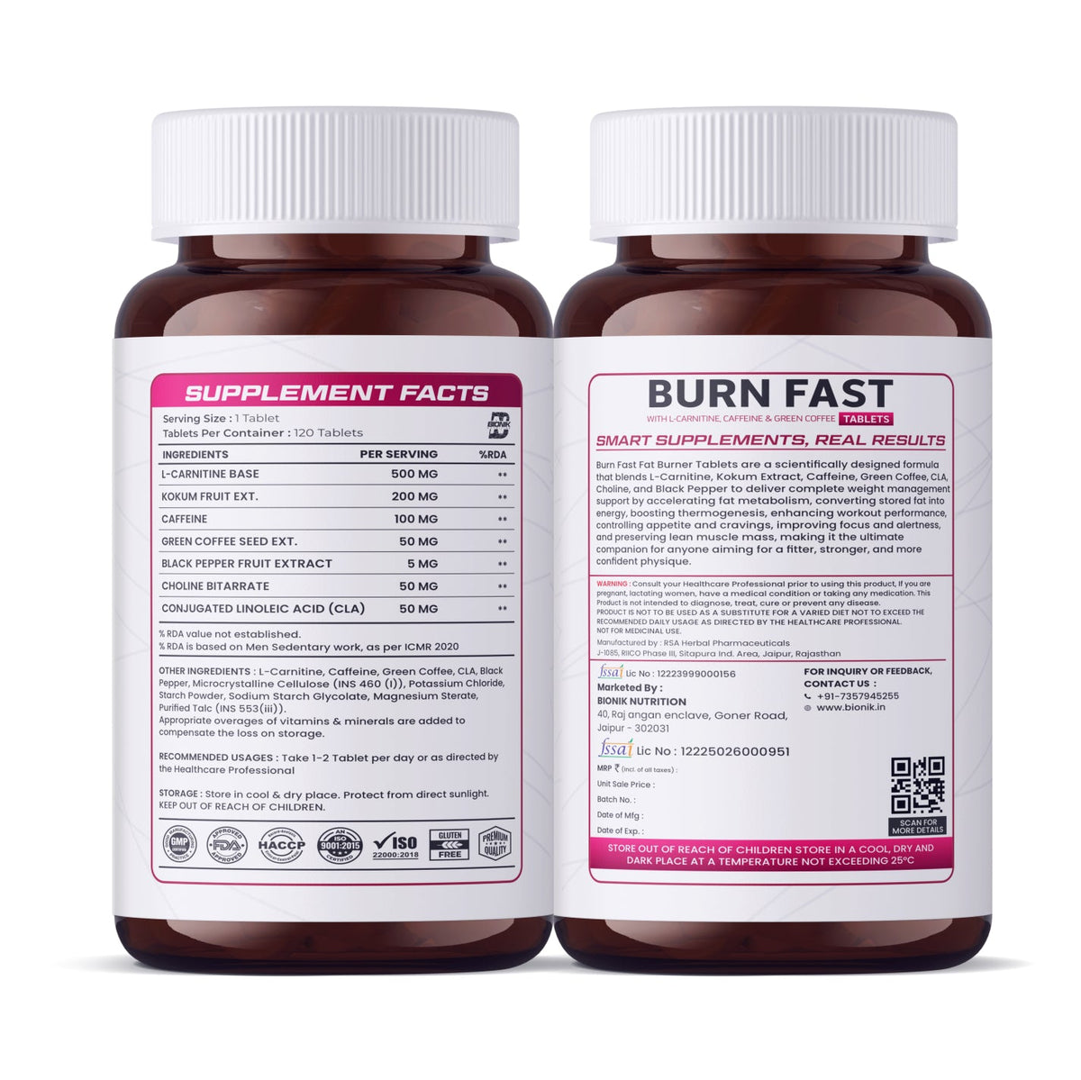 BIONIK NUTRITION Burn Fast Fat Burner Tablets, weight management supplement, 120 tablets in bottle, dietary fat burning aid