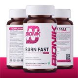 BIONIK NUTRITION Burn Fast Fat Burner tablets, weight management supplement, 120 tablets, showing the bottle and label.