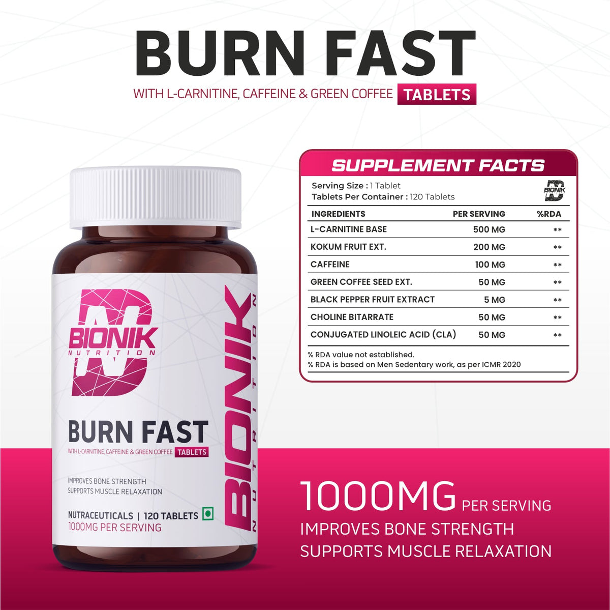 BIONIK NUTRITION Burn Fast Fat Burner Tablets, weight management supplement bottle with 120 tablets for fat burning support