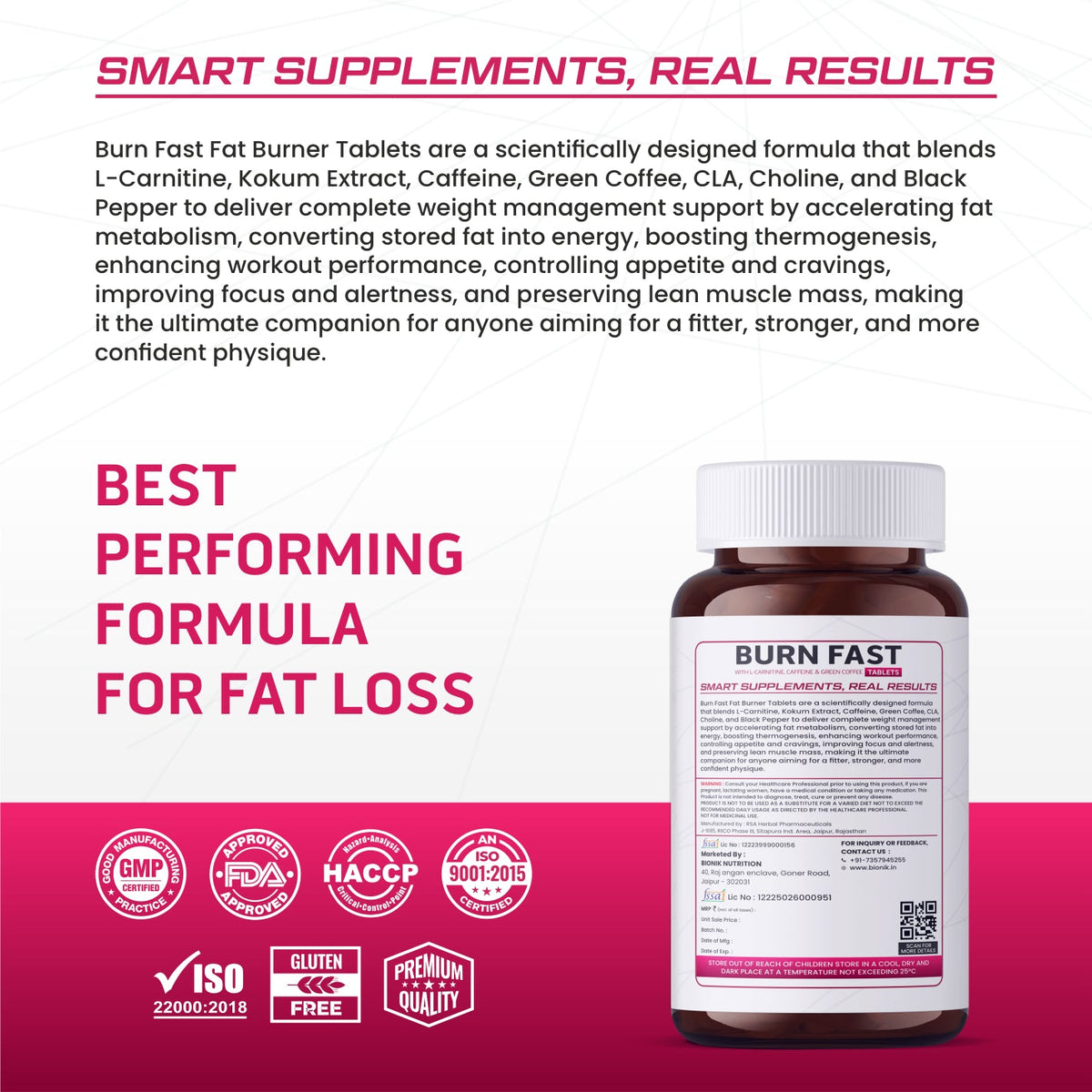 BIONIK NUTRITION Burn Fast Fat Burner Tablets, 120-count weight management supplement with orange and black bottle design.