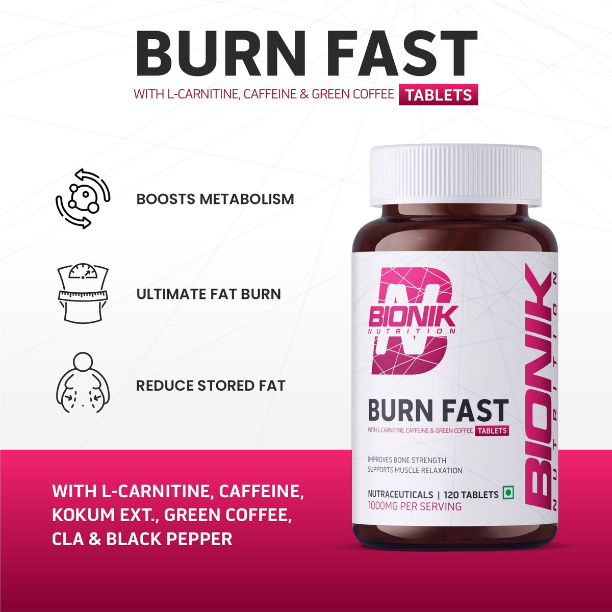 BIONIK NUTRITION Burn Fast Fat Burner Tablets, 120 count, weight management supplement, with supplement bottle and label visible.
