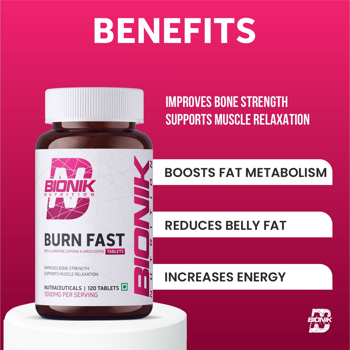 BIONIK NUTRITION Burn Fast Fat Burner Tablets, 120 count, weight management supplement in a bottle with tablets inside.