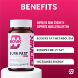 BIONIK NUTRITION Burn Fast Fat Burner Tablets, 120 count, weight management supplement in a bottle with tablets inside.