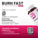 BIONIK NUTRITION Burn Fast Fat Burner Tablets, 120-count weight management supplement bottle with tablets visible inside