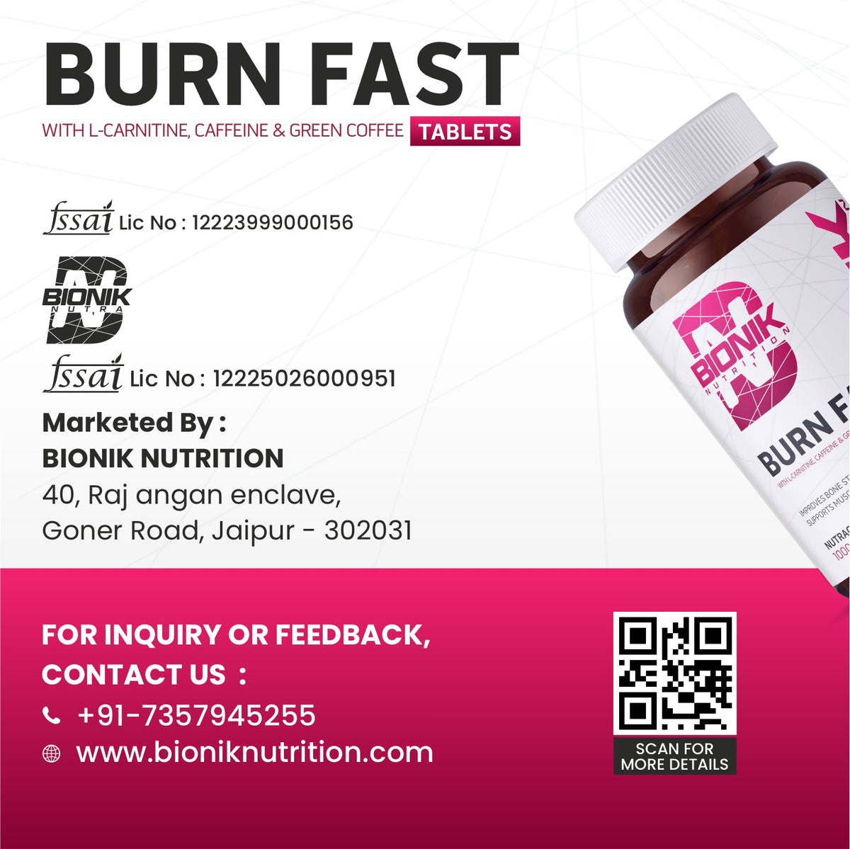 BIONIK NUTRITION Burn Fast Fat Burner Tablets, 120-count weight management supplement bottle with tablets visible inside