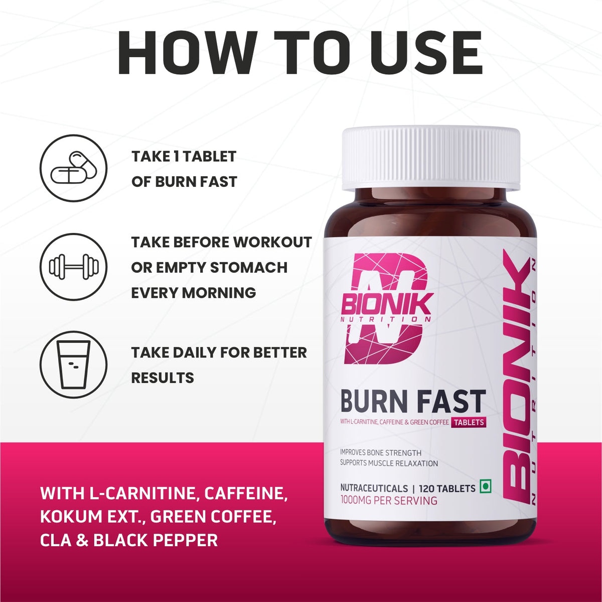 BIONIK NUTRITION Burn Fast Fat Burner Tablets, 120-count weight management supplement with orange and black packaging.