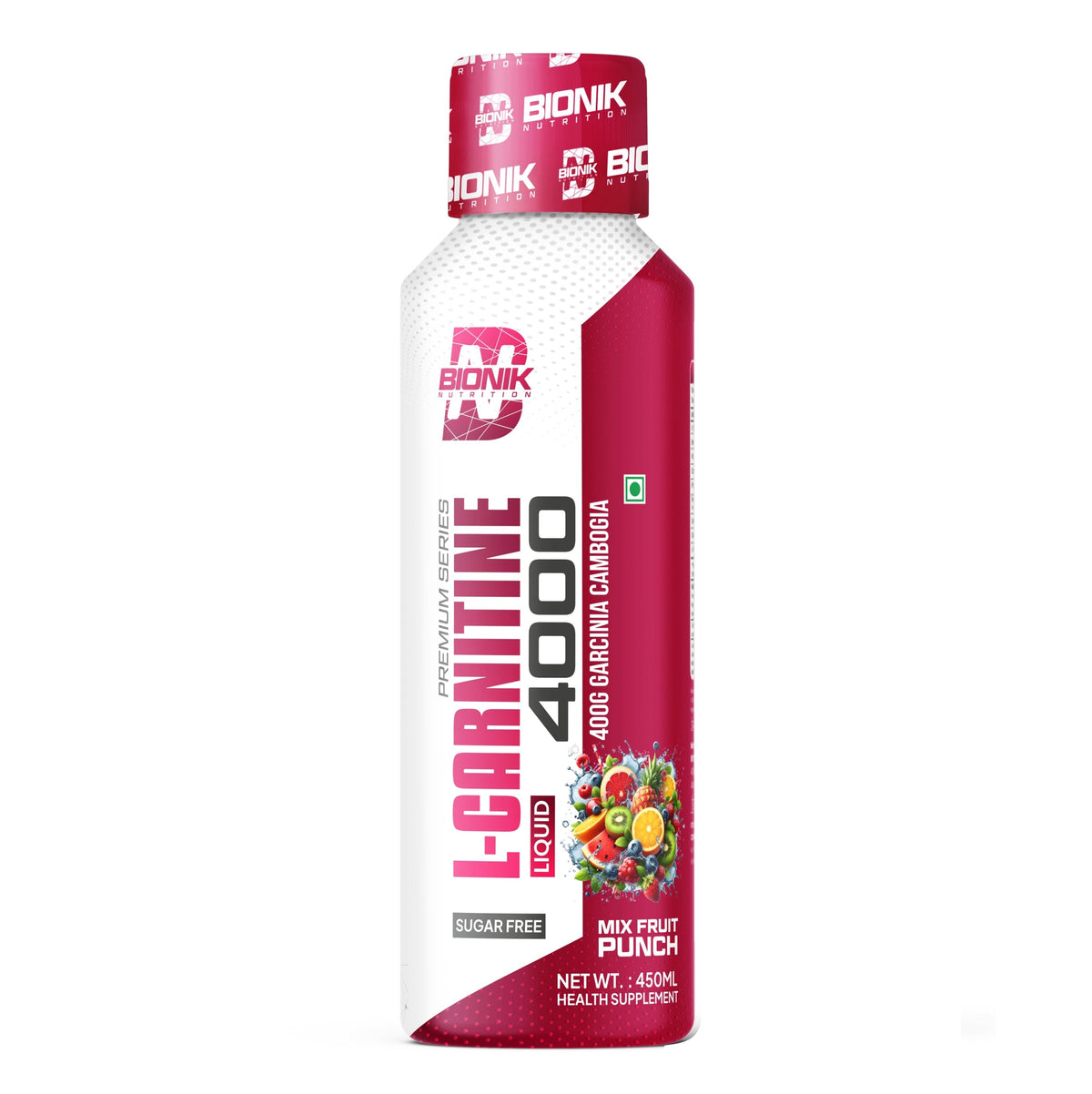 BIONIK NUTRITION L-Carnitine Liquid weight management supplement in Mix Fruit Punch flavor, 450 ml bottle.