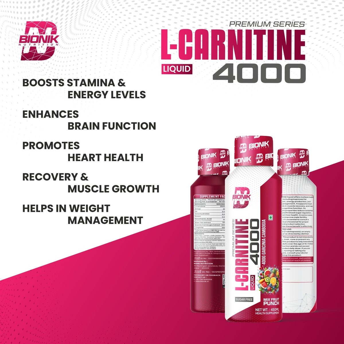 BIONIK NUTRITION L-Carnitine Liquid in Mix Fruit Punch flavor, 450 ml bottle, weight management supplement with liquid formula.