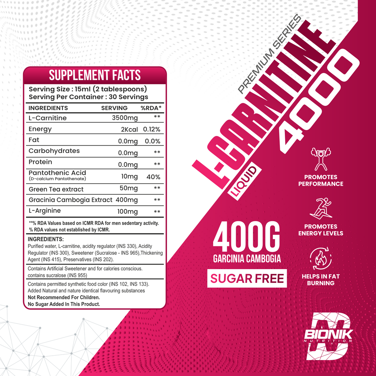 BIONIK NUTRITION L-Carnitine Liquid weight management supplement in 450ml bottle with mix fruit punch flavor.