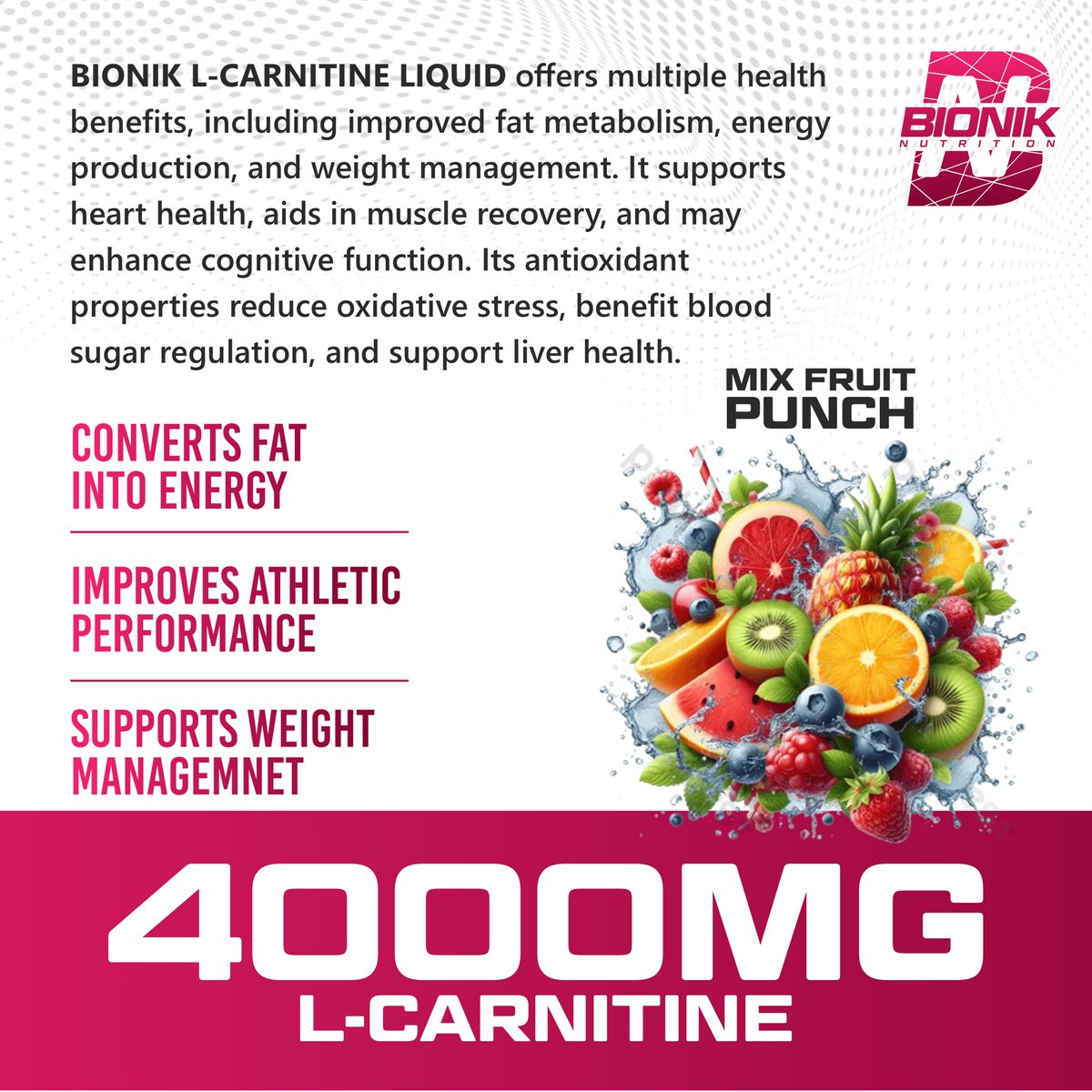 BIONIK NUTRITION L-Carnitine Liquid weight management supplement in Mix Fruit Punch flavor, 450 ml bottle with orange and purple liquid