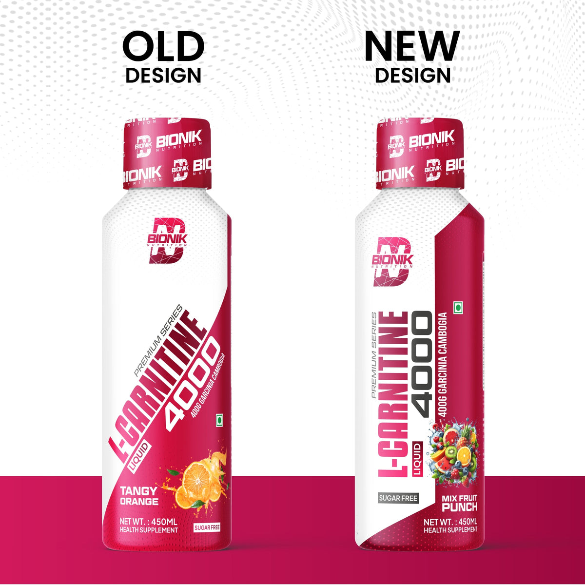 BIONIK NUTRITION L-Carnitine Liquid weight management supplement in Mix Fruit Punch flavor, 450 ml bottle with bright label.