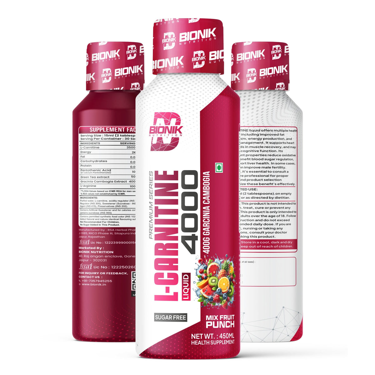 BIONIK NUTRITION L-Carnitine Liquid weight management supplement in 450ml bottle with mix fruit punch flavor.