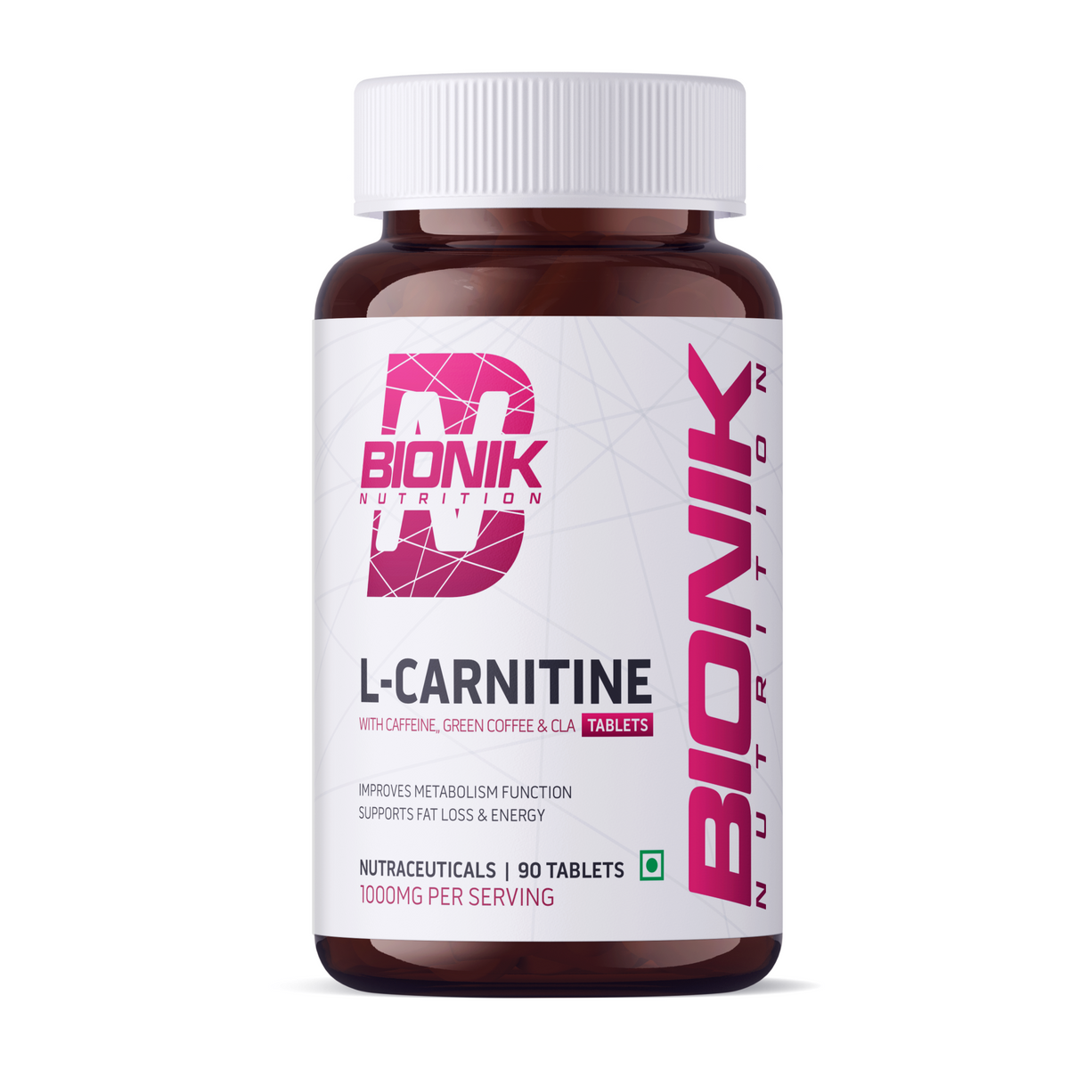 BIONIK NUTRITION L-Carnitine Tablets, weight management supplement, showing 60 tablets in a clear bottle.