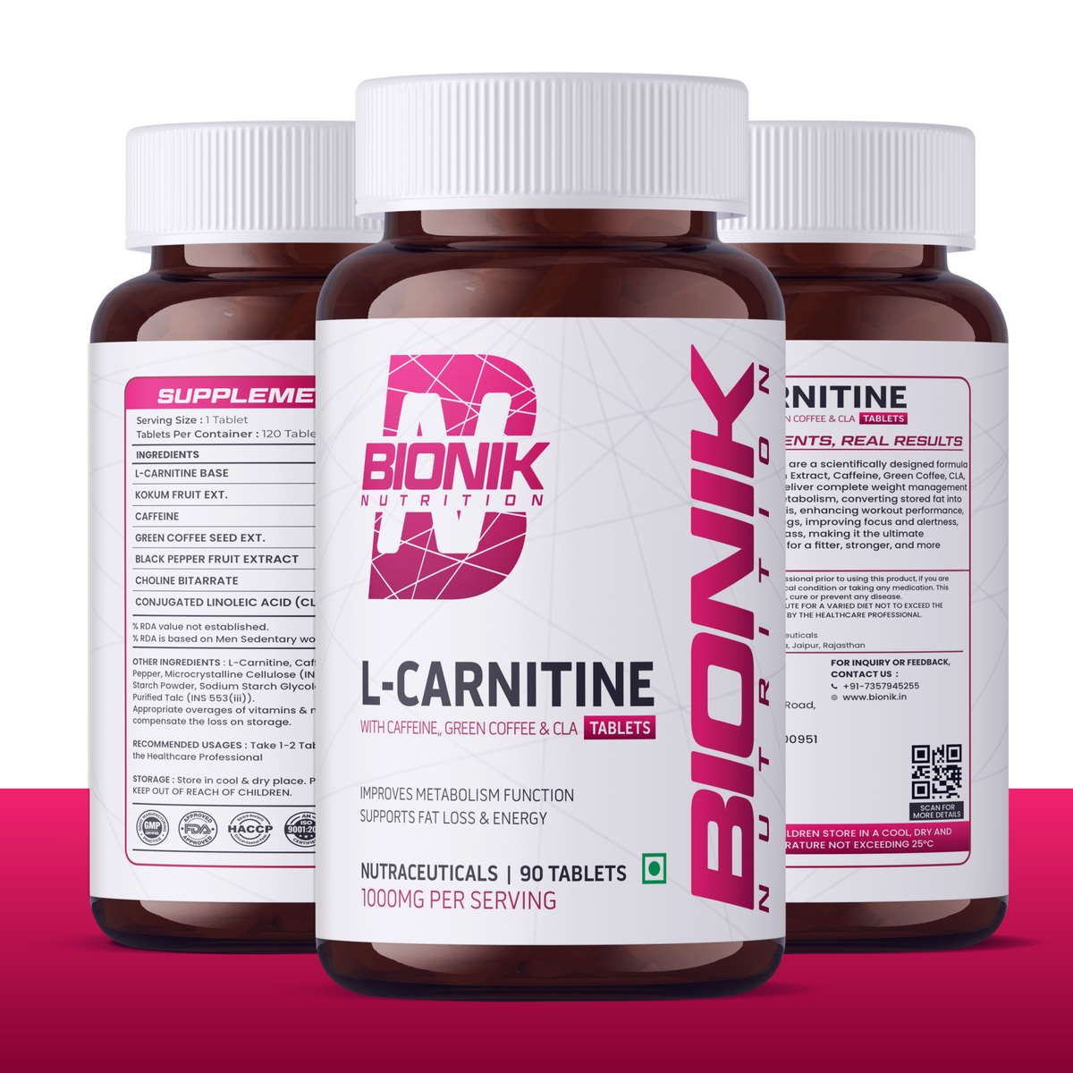 BIONIK NUTRITION L-Carnitine Tablets for weight management, 60 tablets, showing the supplement bottles and tablets inside.