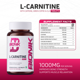 BIONIK NUTRITION L-Carnitine Tablets, weight management supplement, 60 tablets shown in blister pack with label and tablets.