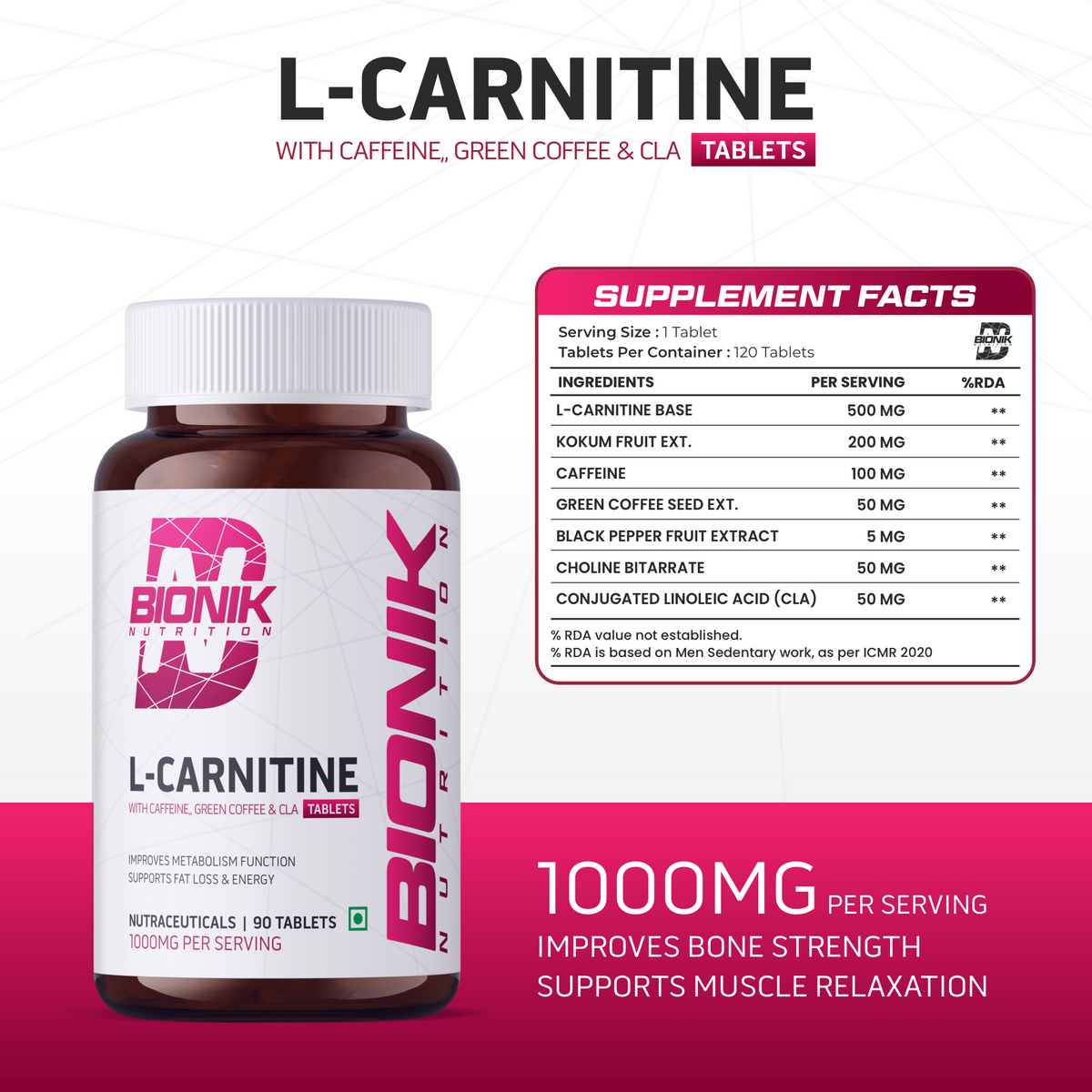 BIONIK NUTRITION L-Carnitine Tablets, weight management supplement, 60 tablets shown in blister pack with label and tablets.