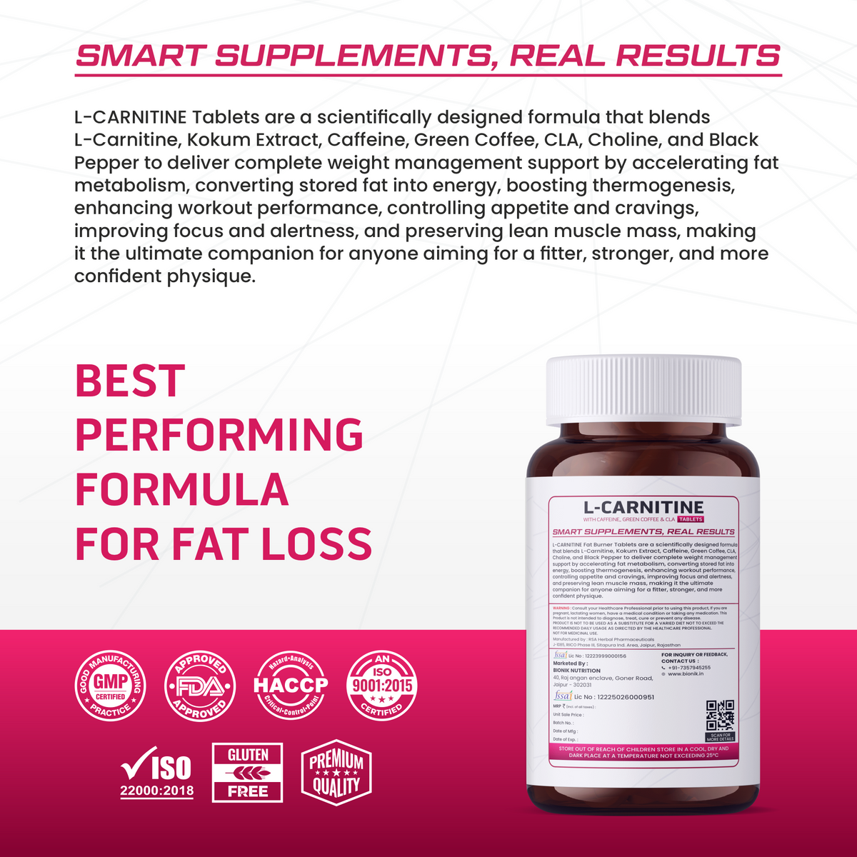 BIONIK NUTRITION L-Carnitine Tablets for weight management, 60 tablets, supplement bottle with tablets visible.