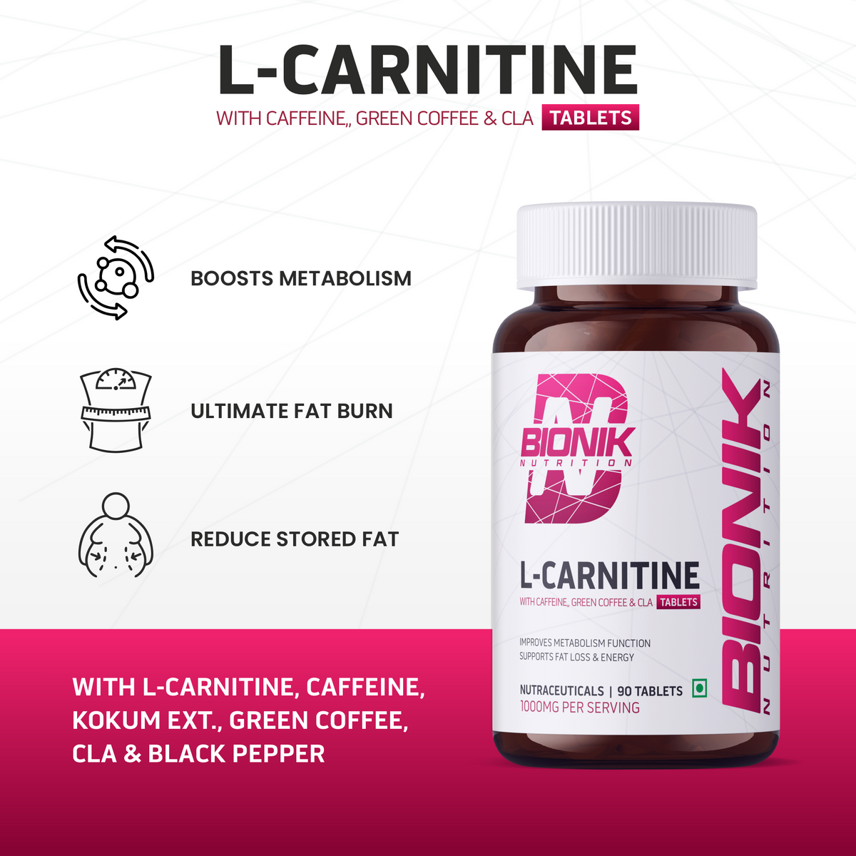 BIONIK NUTRITION L-Carnitine Tablets for weight management, showing a bottle of 60 dietary supplement tablets.