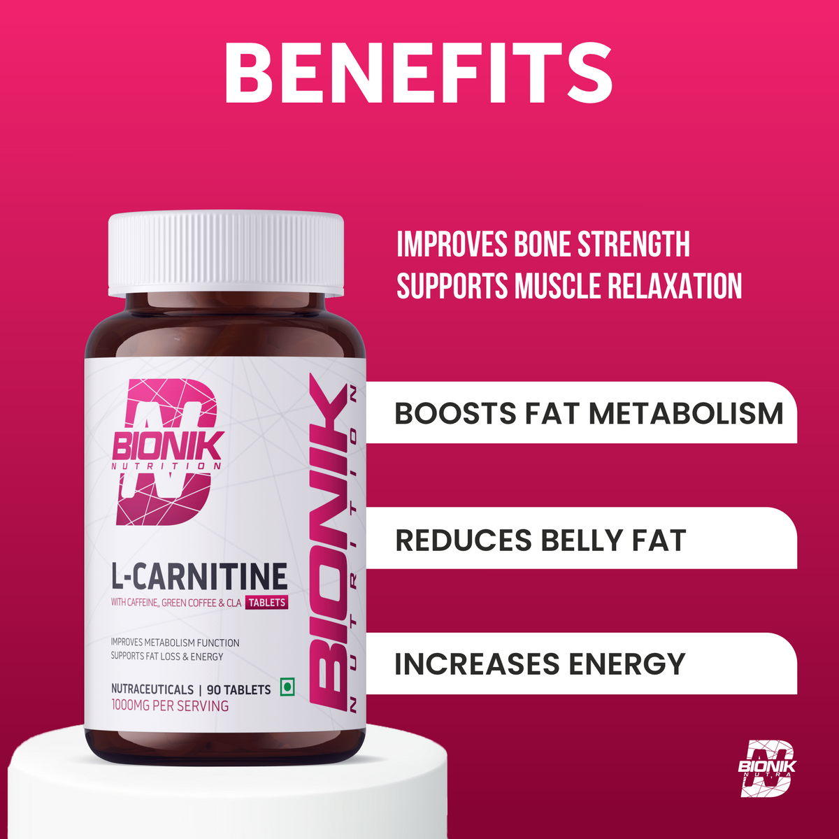 BIONIK NUTRITION L-Carnitine Tablets, weight management supplement, 60 tablets, natural supplement packaging and tablets.
