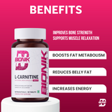 BIONIK NUTRITION L-Carnitine Tablets, weight management supplement, 60 tablets, natural supplement packaging and tablets.