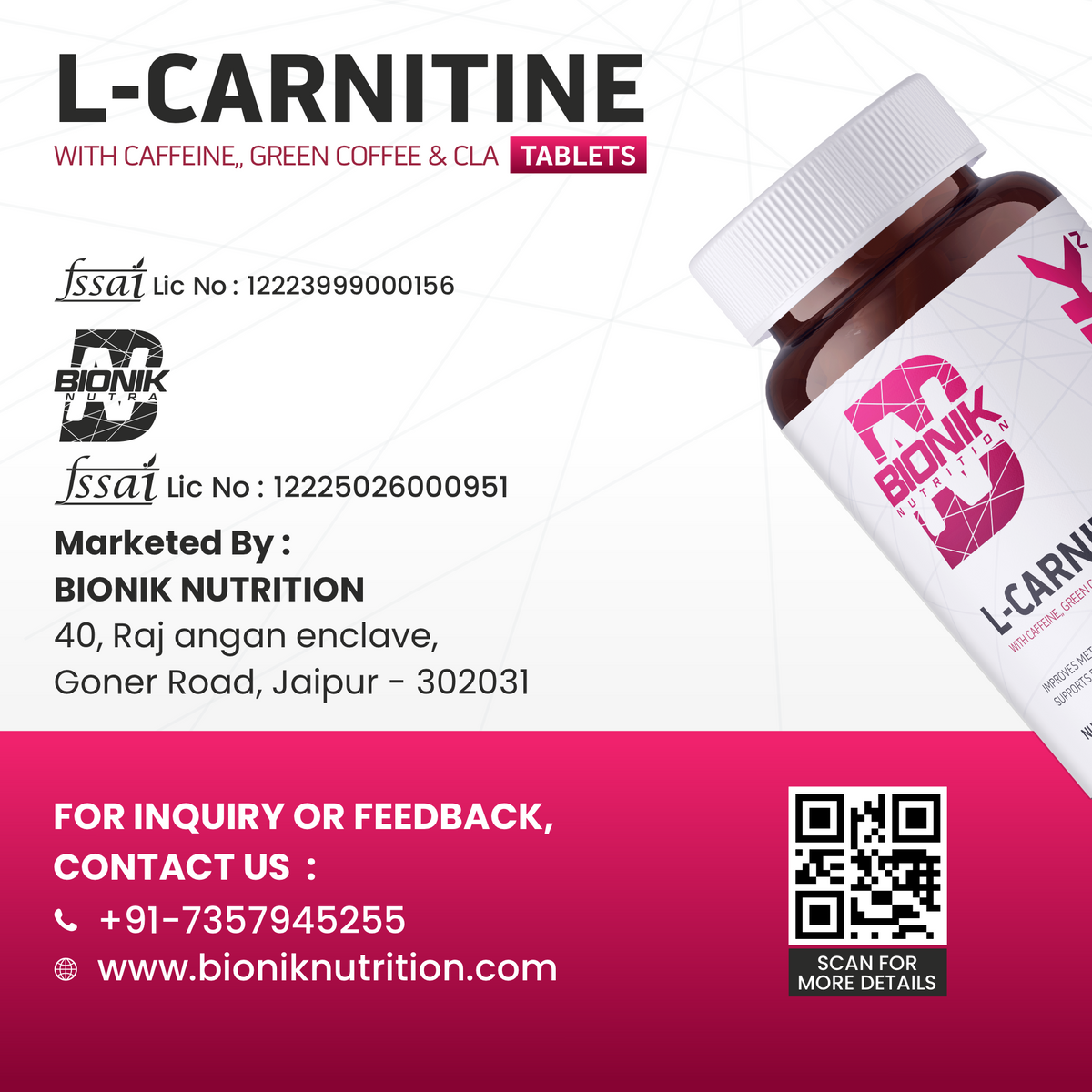 BIONIK NUTRITION L-Carnitine Tablets for weight management, 60 tablets, showing the supplement bottle and label.