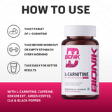 BIONIK NUTRITION L-Carnitine Tablets for weight management, showing the 60 tablet bottle with label and tablets inside.