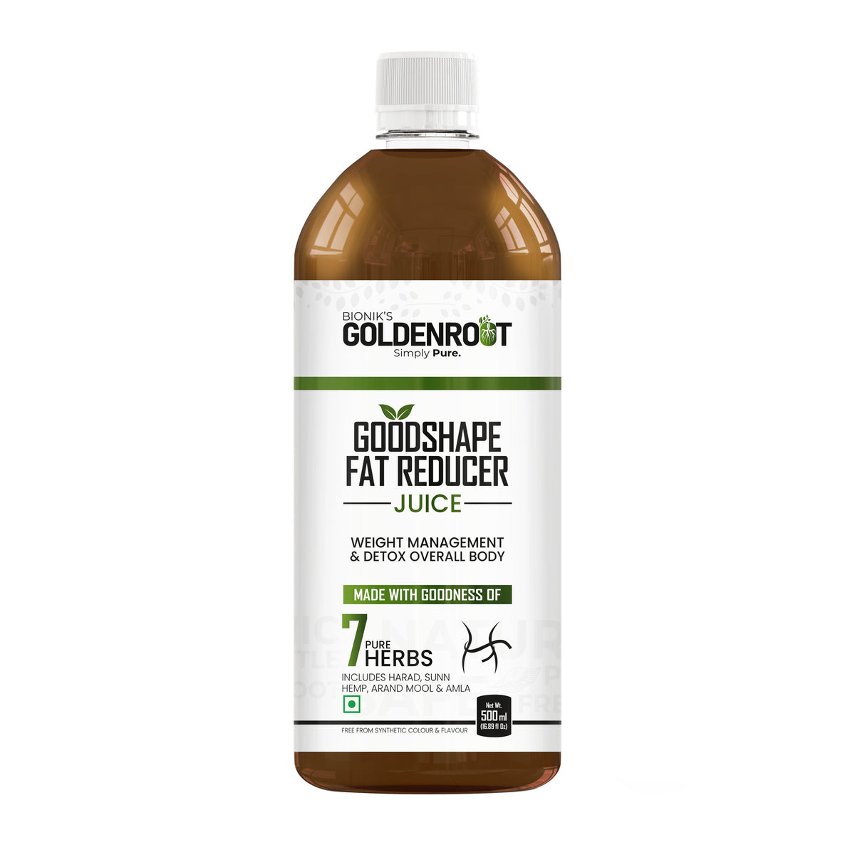 Goldenroot GoodShape herbal juice by Bionik, 500ml bottle, Ayurvedic weight management with Harad and Amla, natural herbal supplement.