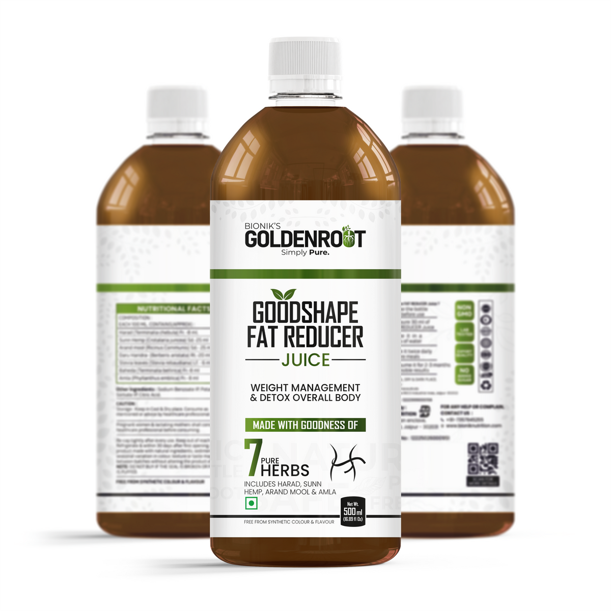 Goldenroot GoodShape herbal juice bottle, 500 ml, Ayurvedic weight management with Harad and Amla, natural herbal remedy.