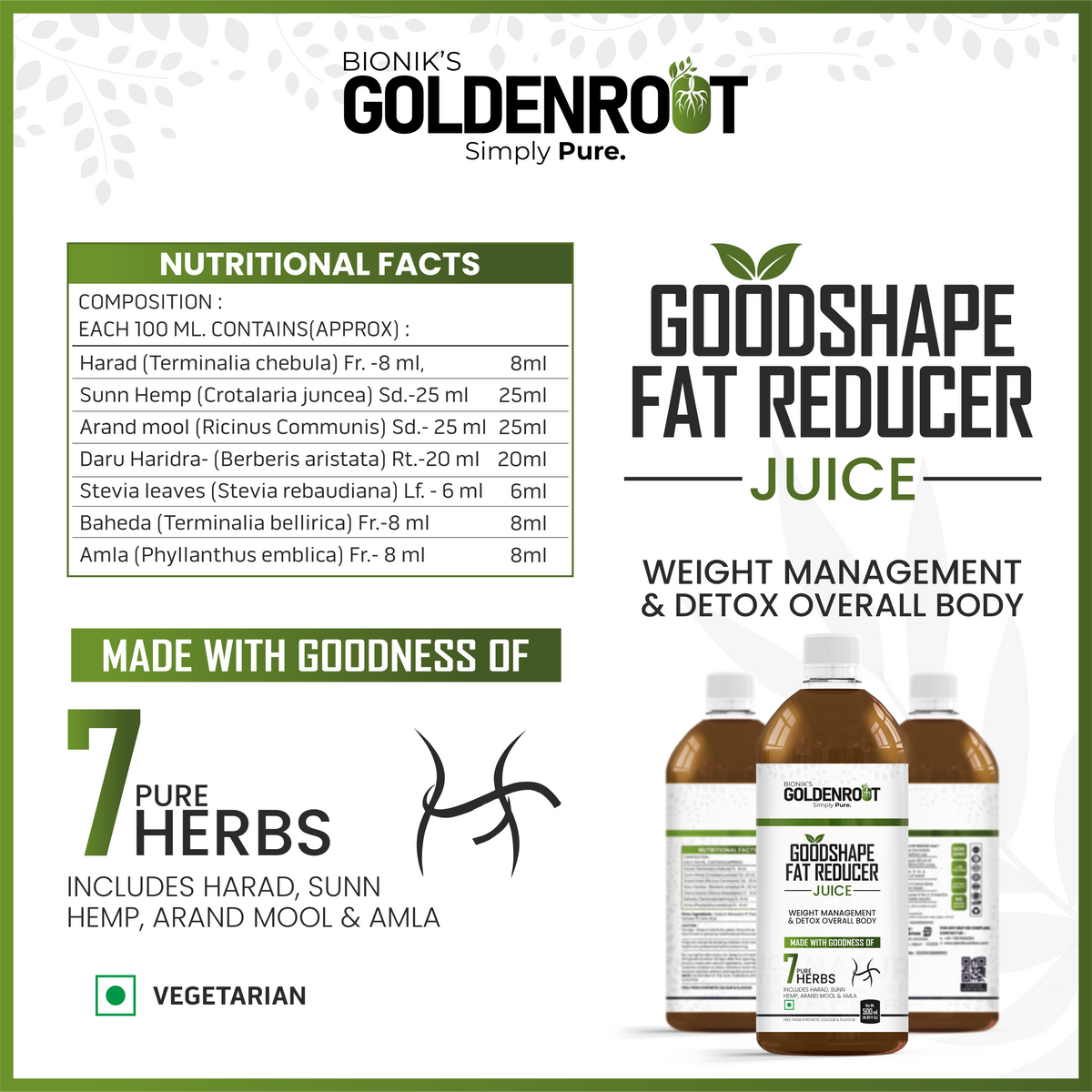 Goldenroot Herbal Juice bottle for weight management with Harad and Amla, 500 ml Bionik GoldenRoot GoodShape Fat Reducer Juice