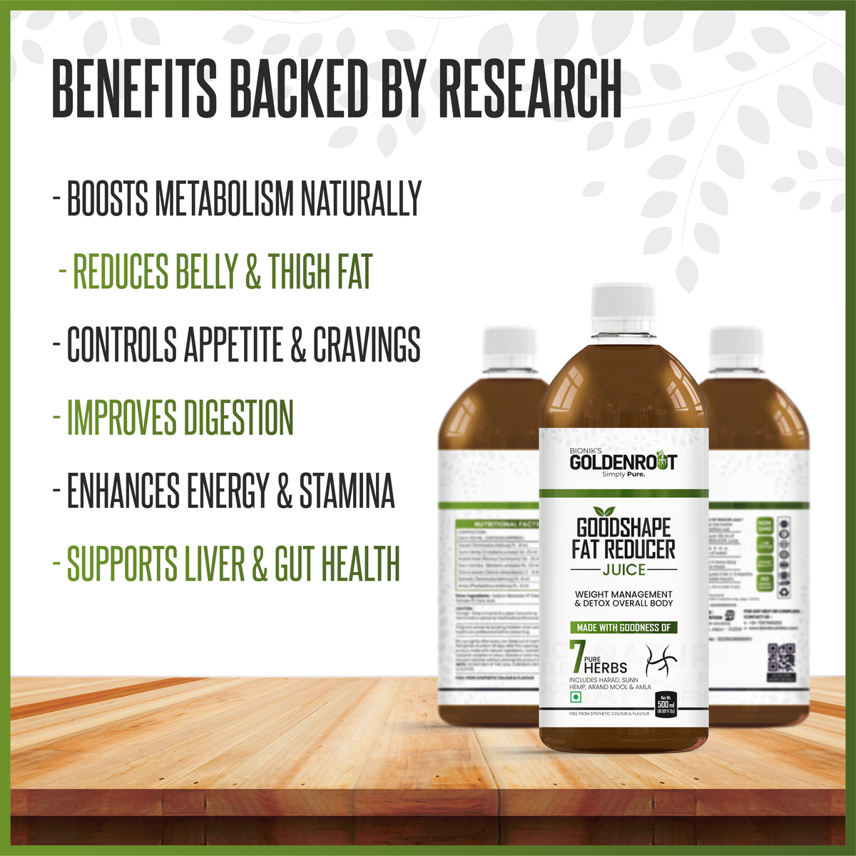Goldenroot GoodShape herbal juice bottle showing label with Ayurvedic weight management ingredients Harad and Amla, 500 ml.