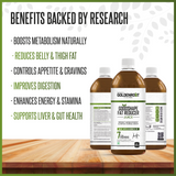 Goldenroot GoodShape herbal juice bottle showing label with Ayurvedic weight management ingredients Harad and Amla, 500 ml.