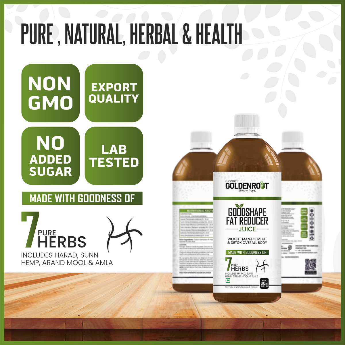 Goldenroot GoodShape herbal juice bottle showing 500 ml label, Ayurvedic weight management with Harad and Amla in a clear glass.