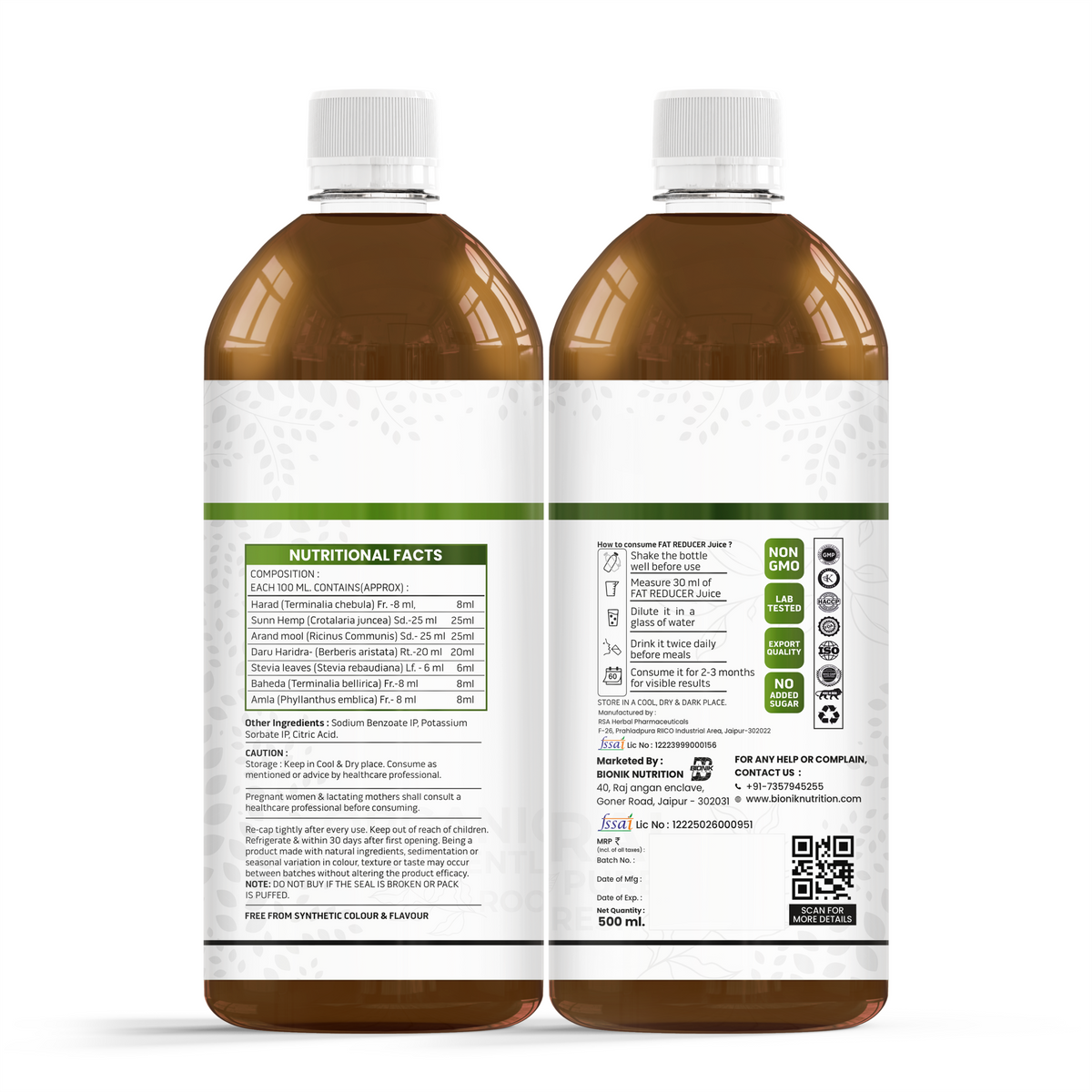 Bionik GoldenRoot GoodShape herbal juice bottle showing the 500ml Goldenroot Ayurvedic fat reducer with Harad and Amla.