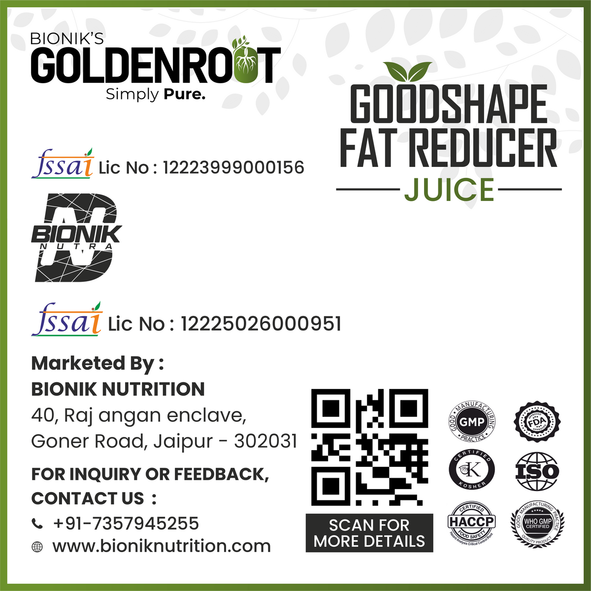 Goldenroot GoodShape herbal juice bottle showing 500 ml size, Ayurvedic weight management with Harad and Amla ingredients.
