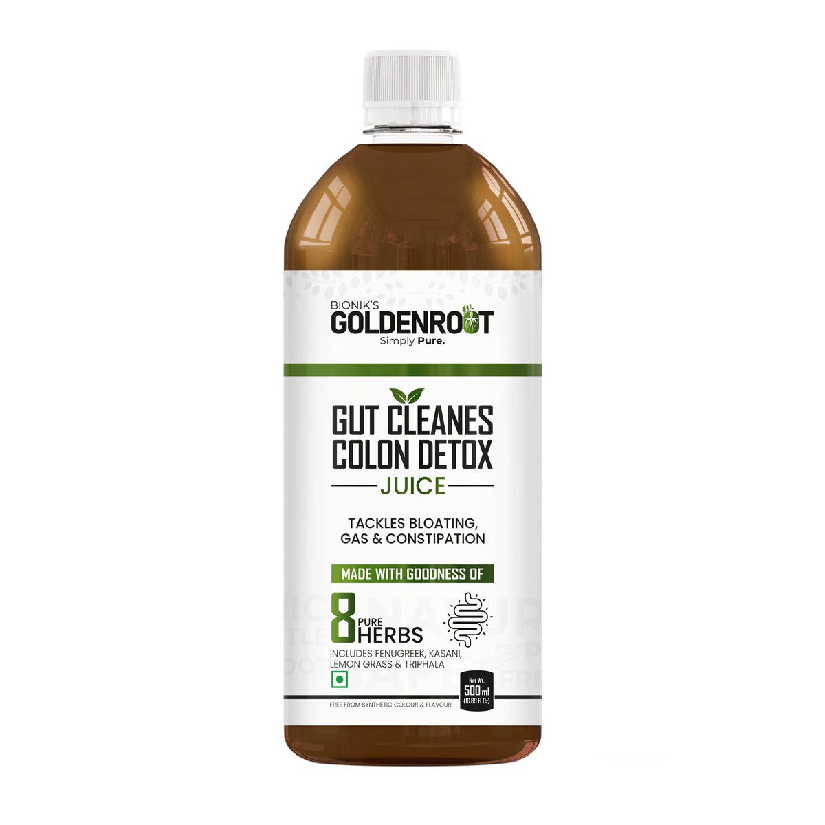 Goldenroot Herbal Juice bottle showing 500ml label, featuring herbal ingredients like Triphala and Lemon Grass for digestive wellness.