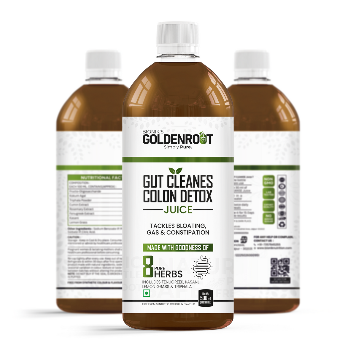 Goldenroot Bionik GoldenRoot Gut Cleanse Herbal Juice with Triphala and Lemon Grass in a 500ml bottle for digestive wellness.