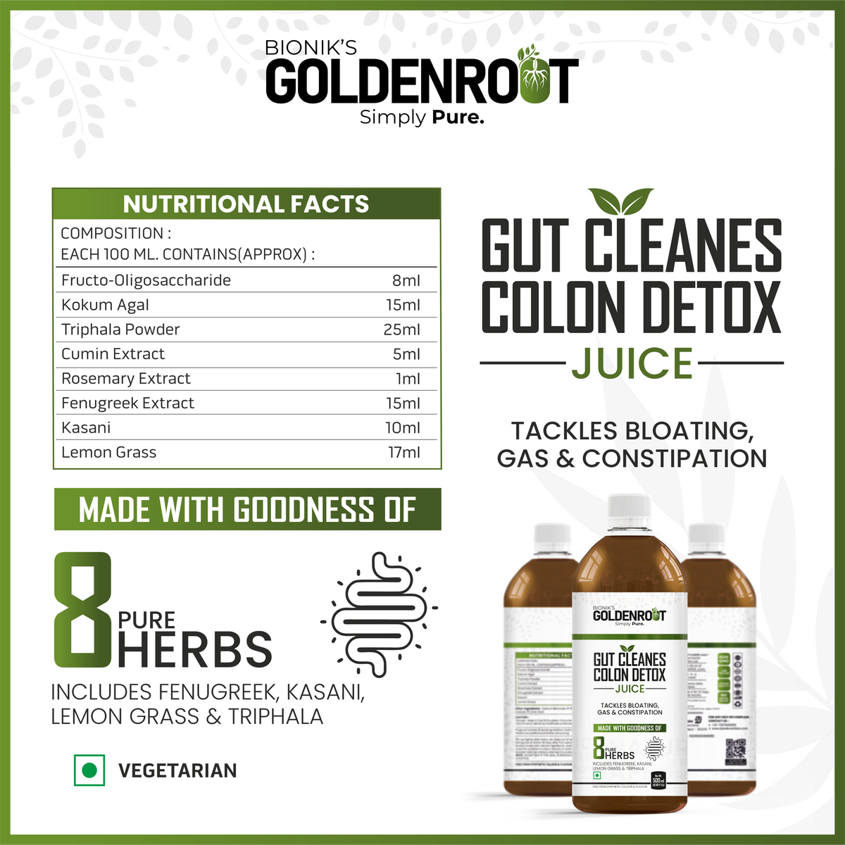 Goldenroot Bionik herbal juice bottle, 500ml, Ayurvedic digestive wellness with Triphala and lemongrass ingredients.