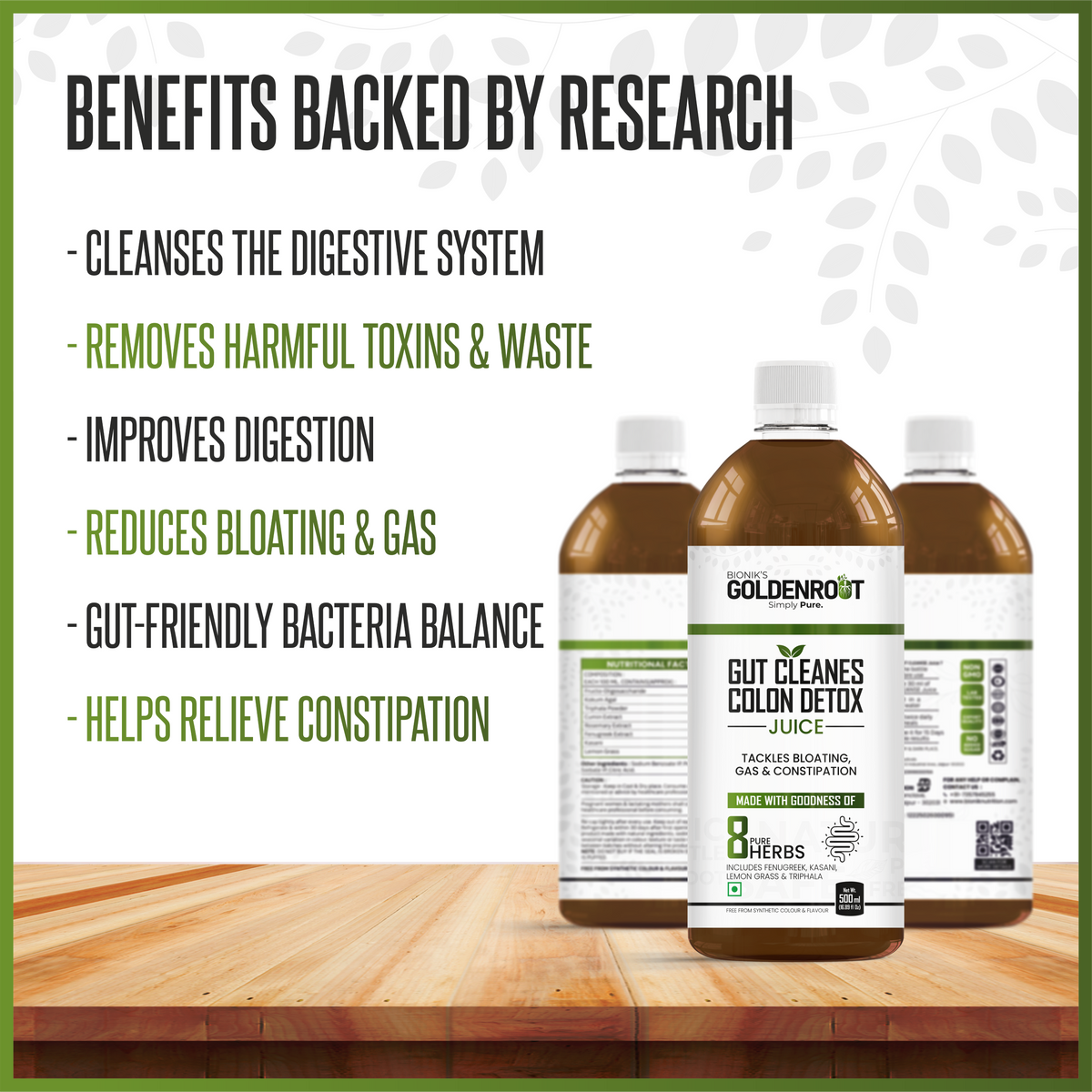 Bionik GoldenRoot Gut Cleanse Herbal Juice with Triphala and Lemon Grass in a 500ml bottle, promoting Ayurvedic digestive wellness.
