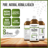 Goldenroot Herbal Juice in a 500ml bottle, featuring Ayurvedic ingredients like Triphala and Lemon Grass for digestive wellness.