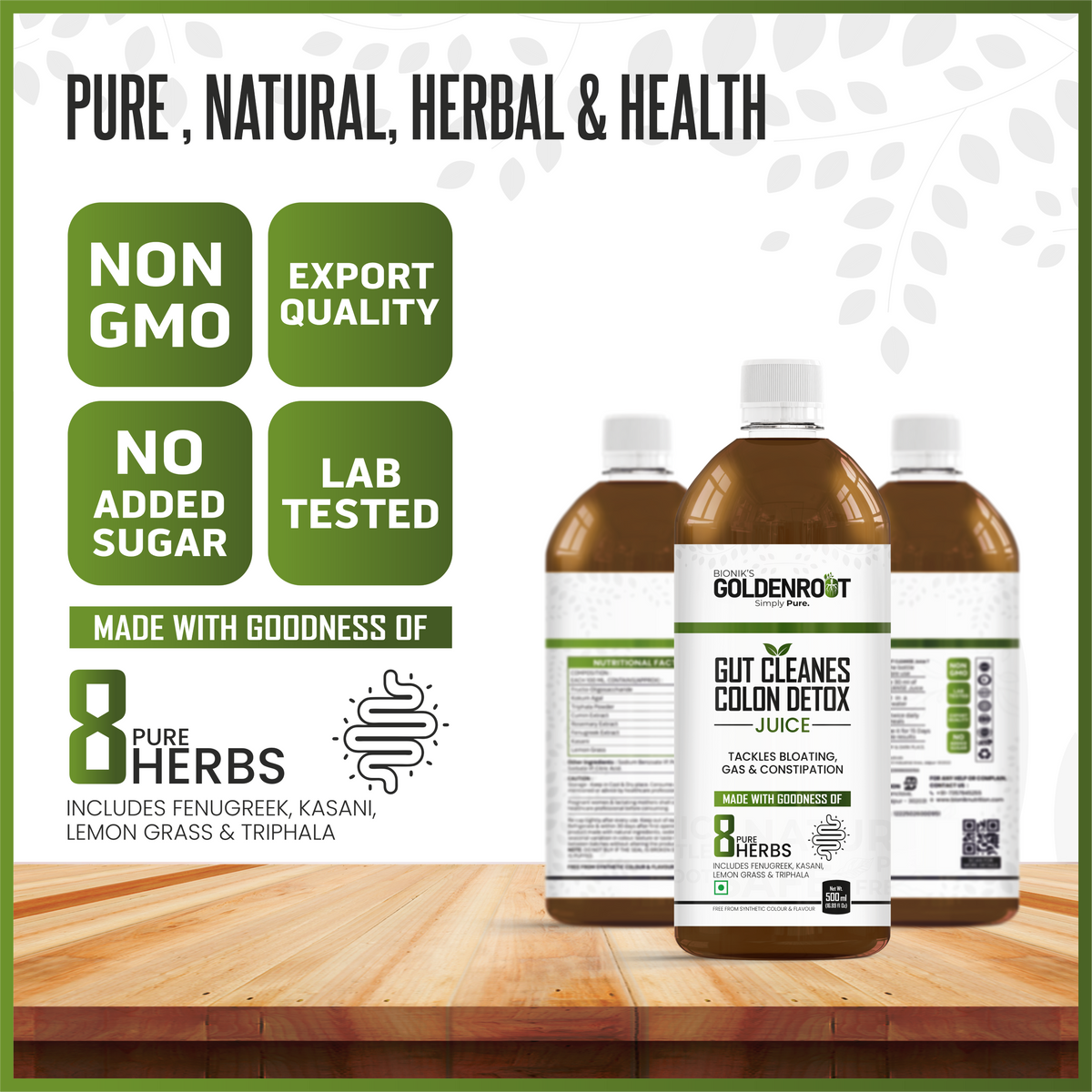Goldenroot Herbal Juice in a 500ml bottle, featuring Ayurvedic ingredients like Triphala and Lemon Grass for digestive wellness.
