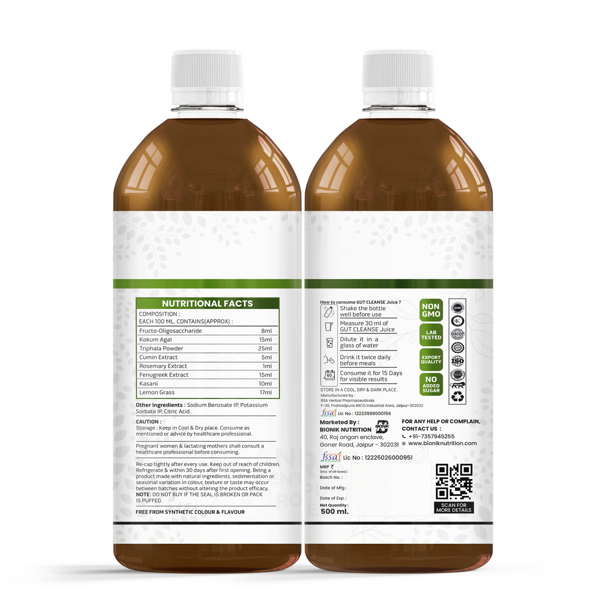 Goldenroot Herbal Juice bottle showing GoldenRoot Gut Cleanse Ayurvedic herbal juice with Triphala and lemongrass in 500 ml bottle