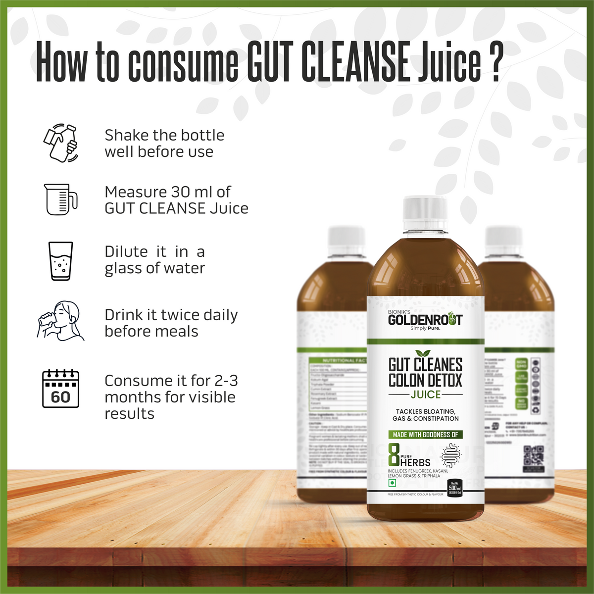 Goldenroot Bionik GoldenRoot Gut Cleanse Herbal Juice in a 500 ml bottle with lemon grass and Triphala for digestive wellness.