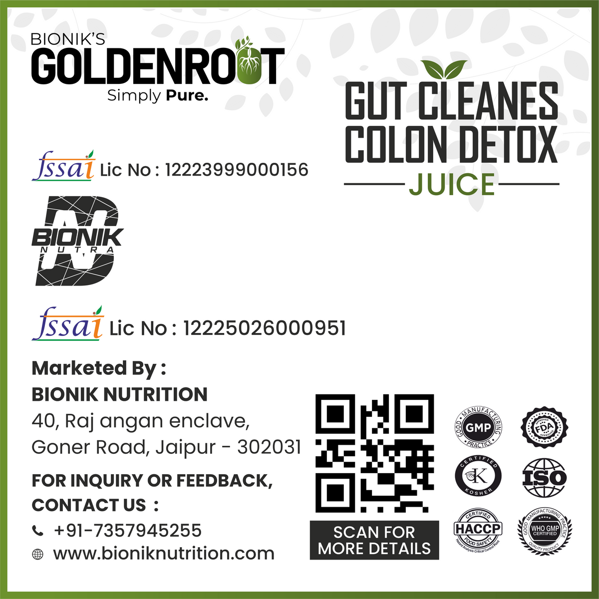 Goldenroot Herbal Juice bottle with golden liquid, featuring labels for Ayurvedic digestive wellness with Triphala and lemongrass.