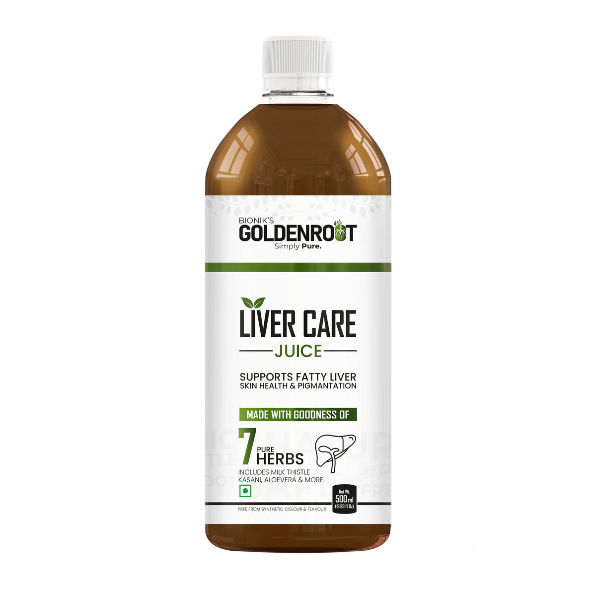 Goldenroot Bionik Liver Care Herbal Juice in a 500ml bottle with milk thistle and turmeric for Ayurvedic liver wellness.